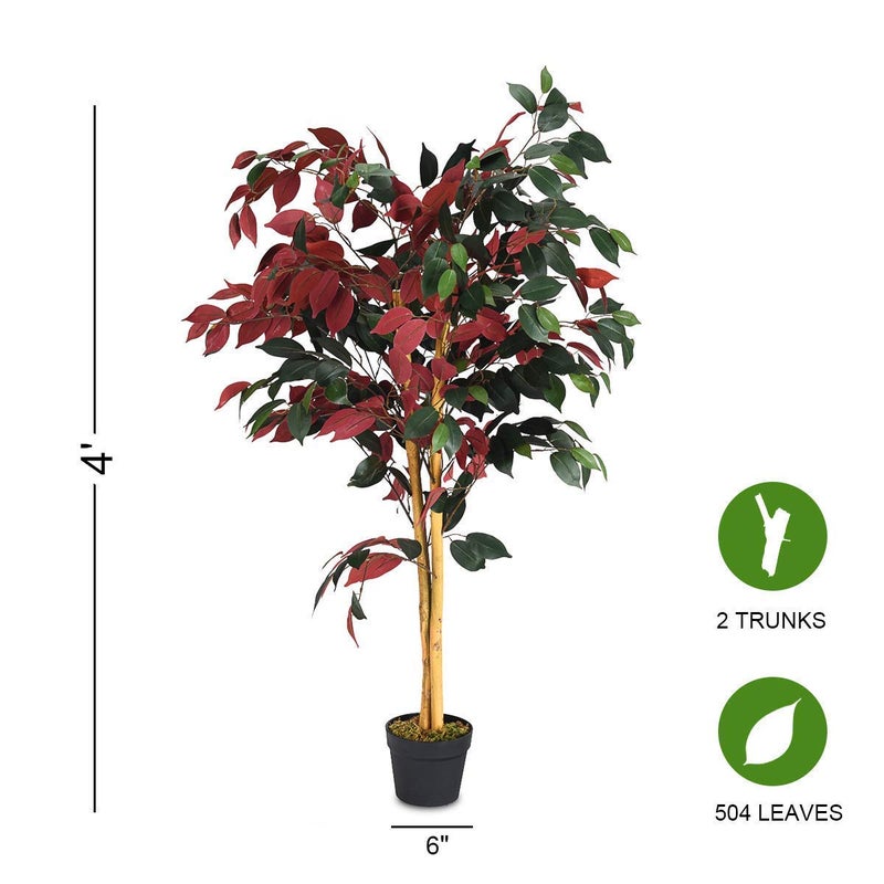 COSTWAY Fake Artificial Greenery Plants in Pots Decorative Home, Office, Lobby (4Ft Ficus Tree), Green & Red - Image 2